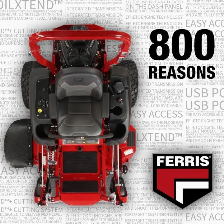 The Ferris ISX 800 is 𝙇𝙊𝘼𝘿𝙀𝘿 with four wheel suspension, unmatched durability, an industry-leading 10-Year Suspension Warranty, the most power in its segment and another 796 more 𝙍𝙀𝘼𝙎𝙊𝙉𝙎 to make the 800 your next Ferris!

Stop in or call