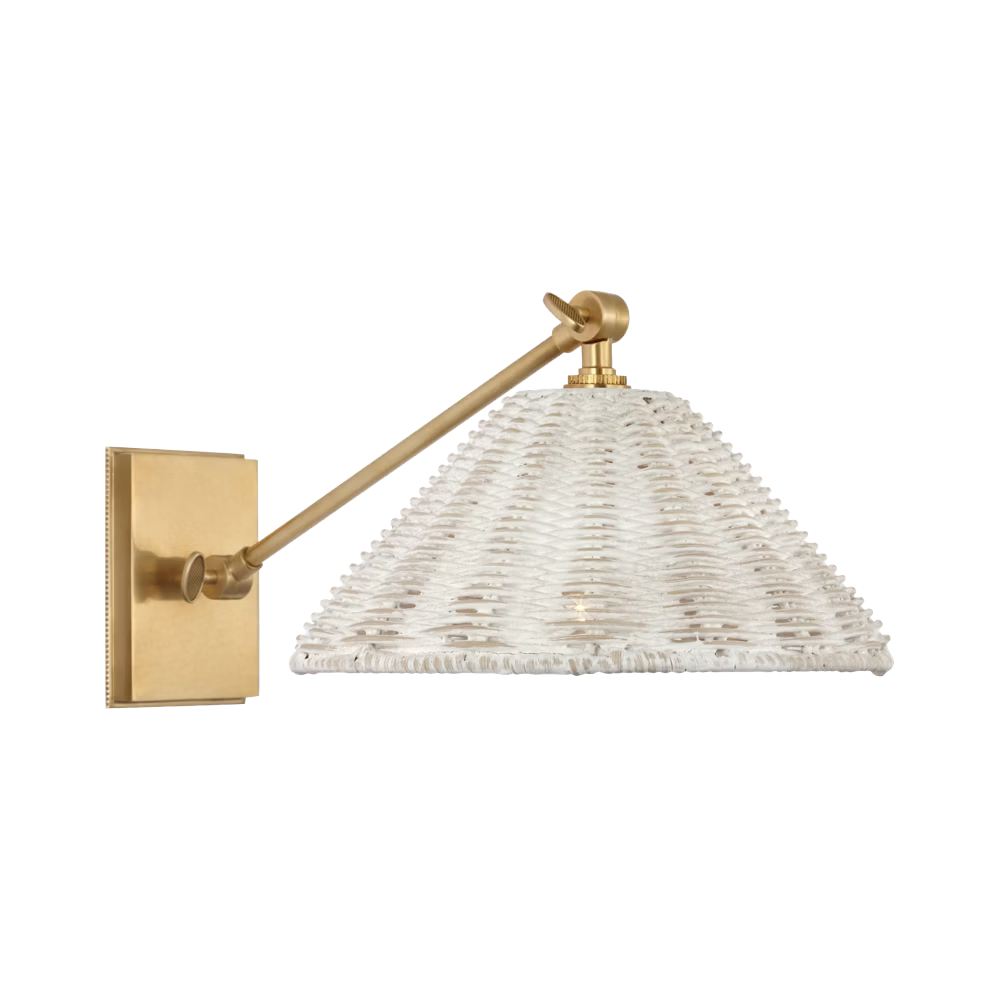 Wimberley Single Library Wall Light in Soft Brass with White Wicker Shade.png