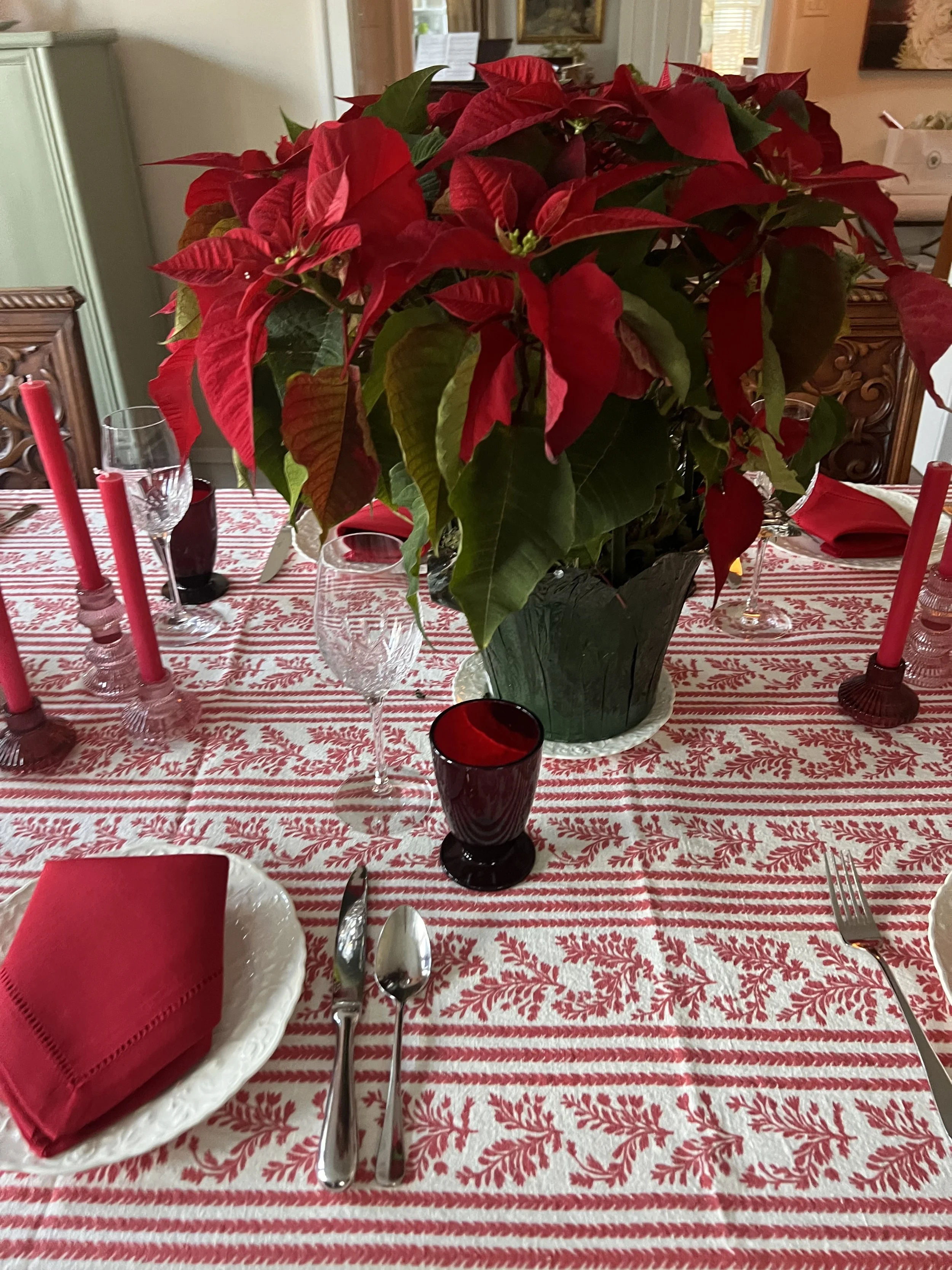 Linen Tablecloth ~ Striped and Patterned Red Floral Tablecloth