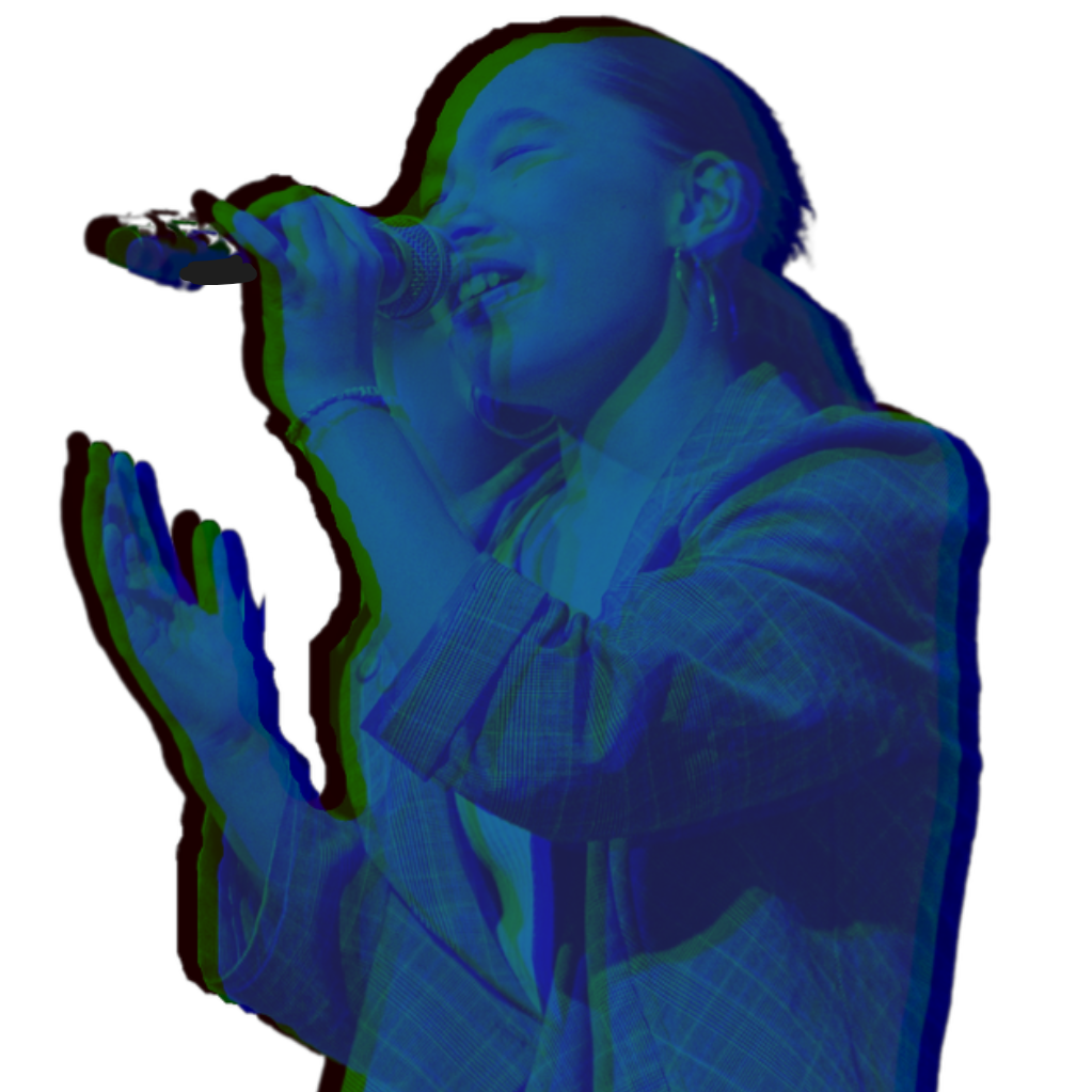 A young girl singing into a microphone, with colorful digital distortion effects.