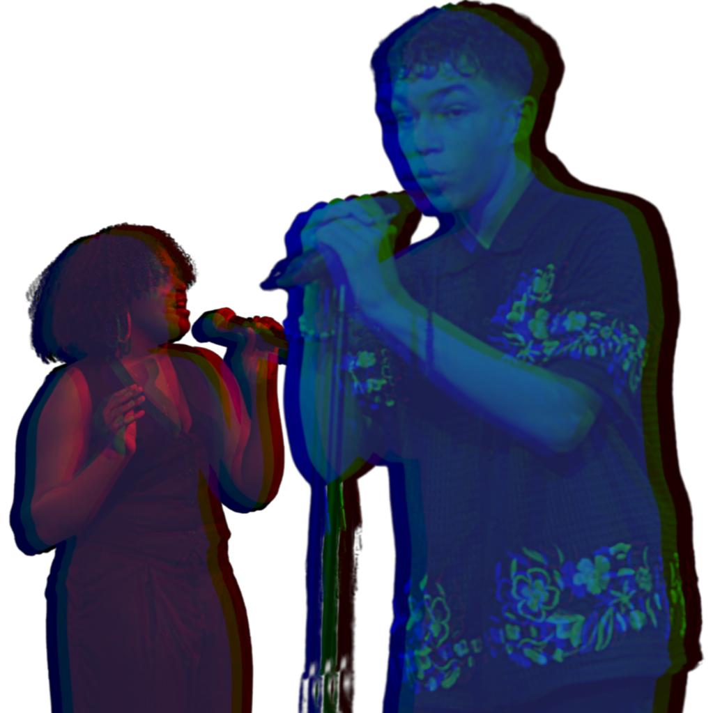 A young girl singing into a microphone and a young boy passionately singing into a microphone, with colorful visual effects on a black background.
