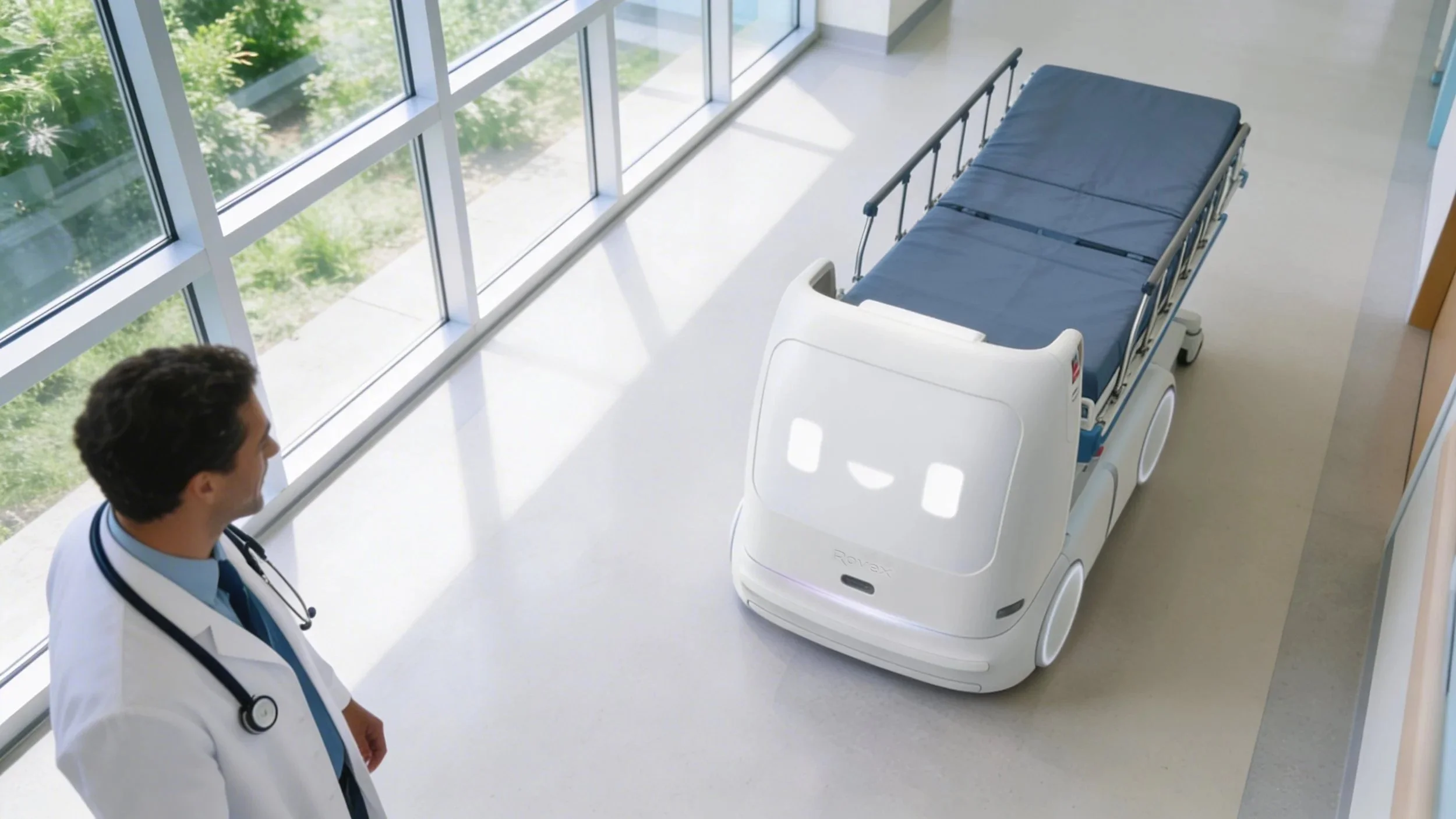 Top view of doctor and Rovi the autonomous in-hospital patient transport robot in a hospital hallway
