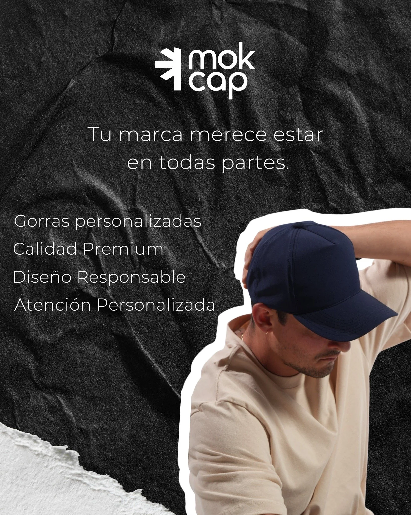 En Mokcap convertimos tu idea en una pieza &uacute;nica.
Te guiamos en cada paso de la fabricaci&oacute;n: t&uacute; eliges los detalles, nosotros lo hacemos realidad.

Desliza y descubre c&oacute;mo nace la gorra que llevar&aacute; tu proyecto al si