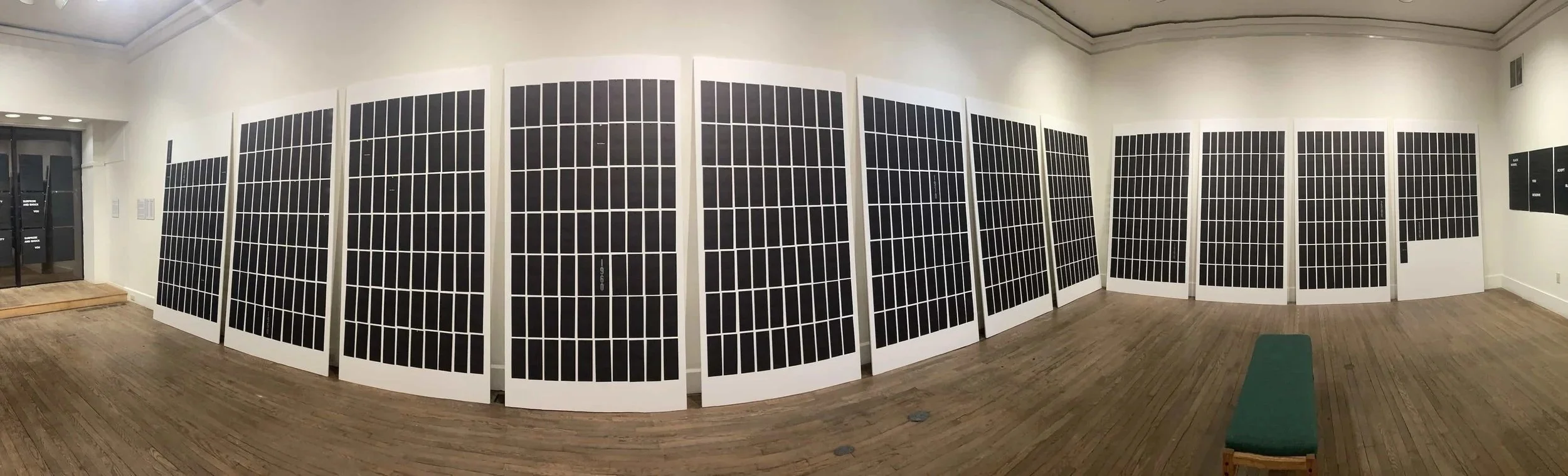 THAT’S POPS’S MONEY, 2018-2019. 813 hand-printed letterpress timecards on black paper, black foil stamping, white foil stamping, blue ink, silver ink. 4 x 11” each timecard, placed in a grid; mounted to 48 x 96 x 3/4" gator board panels (set of 12).