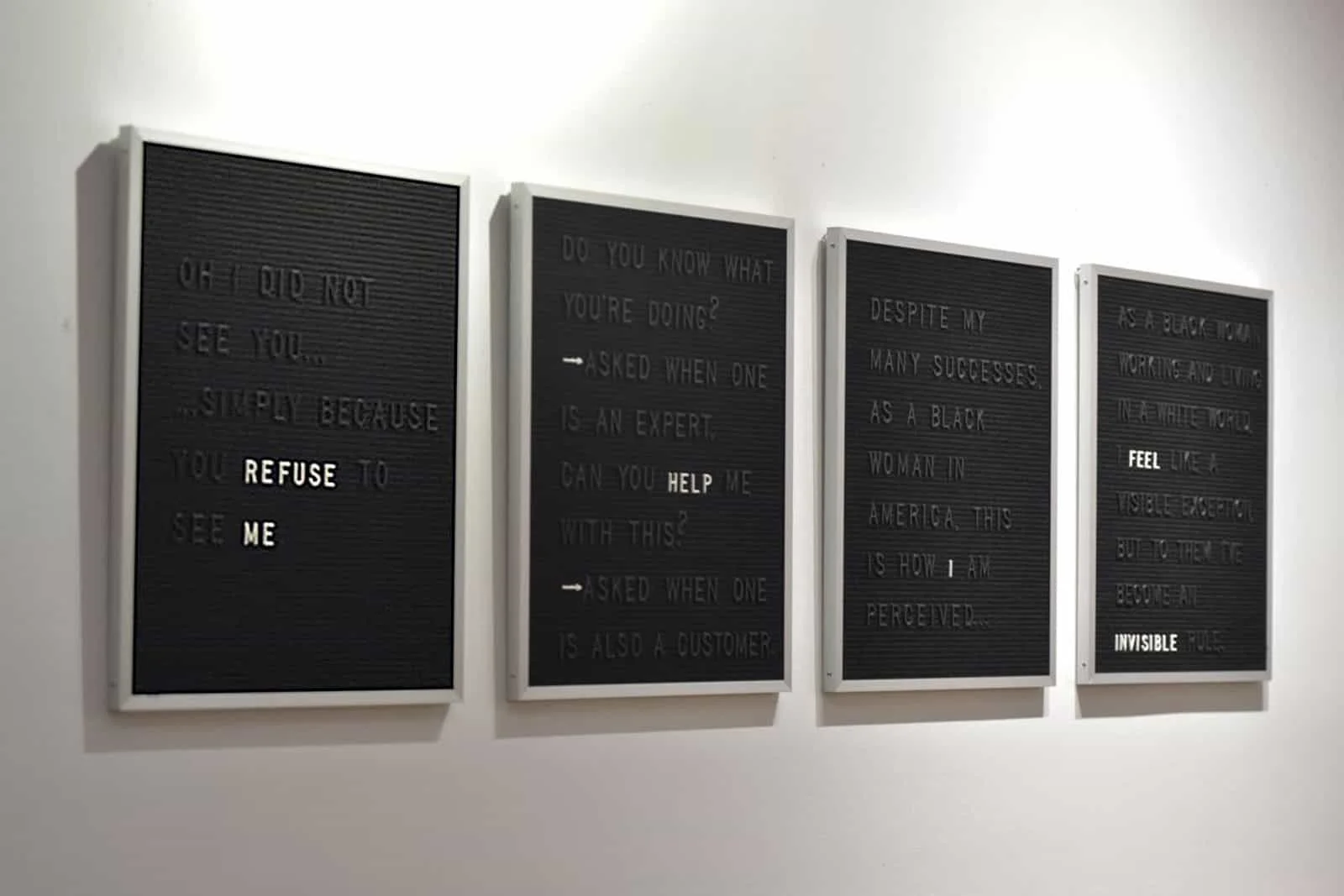 Language of Invisibility on Display, 2017. Four felt-lined bulletin board panels, plastic letters, aluminum frame. 16 x 20” each (set of 4).