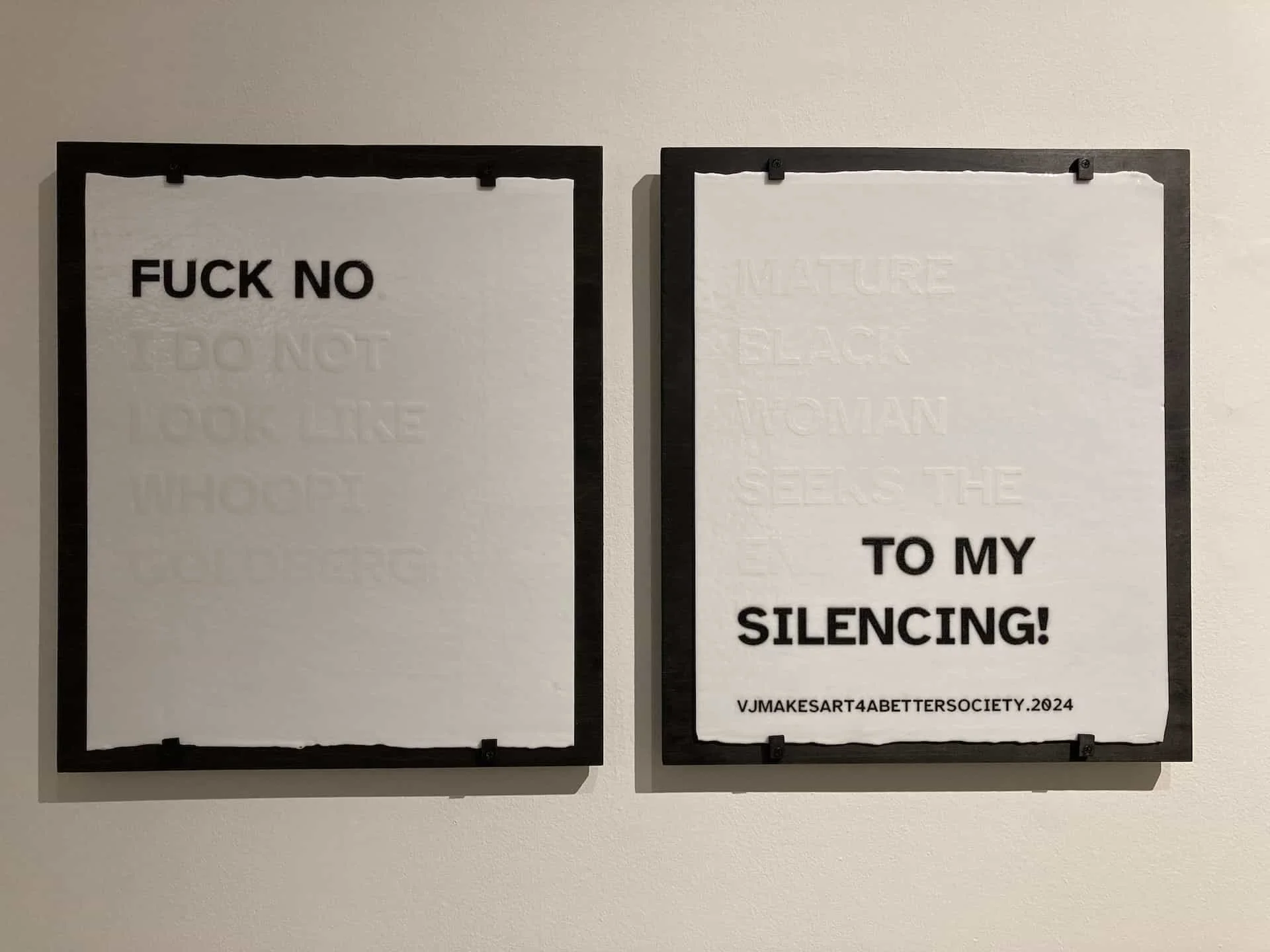 A Constellation of Blackness: Rendering Invisibility, Hypervisibility, Devaluation, and Triumph; (FUCK NO TO MY SILENCIING), 2024. Hand-screenprinted broadsides on opaque white opalescent Bullseye glass, dense white frit, black frit, kiln fired. 17x2