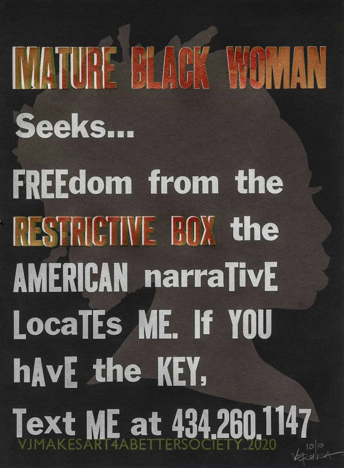 Mature Black Woman Seeks…, 2020. Hand-printed letterpress broadsides on black paper, black ink, red ink, and silver ink. 11x15” each (set of three).