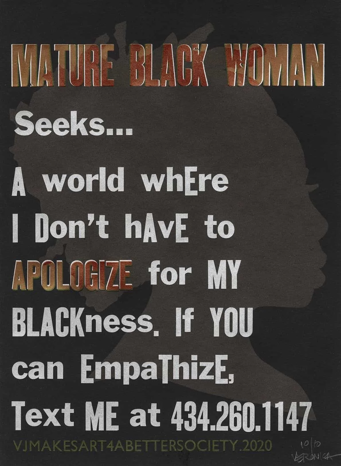 Mature Black Woman Seeks…, 2020. Hand-printed letterpress broadsides on black paper, black ink, red ink, and silver ink. 11x15” each (set of three).