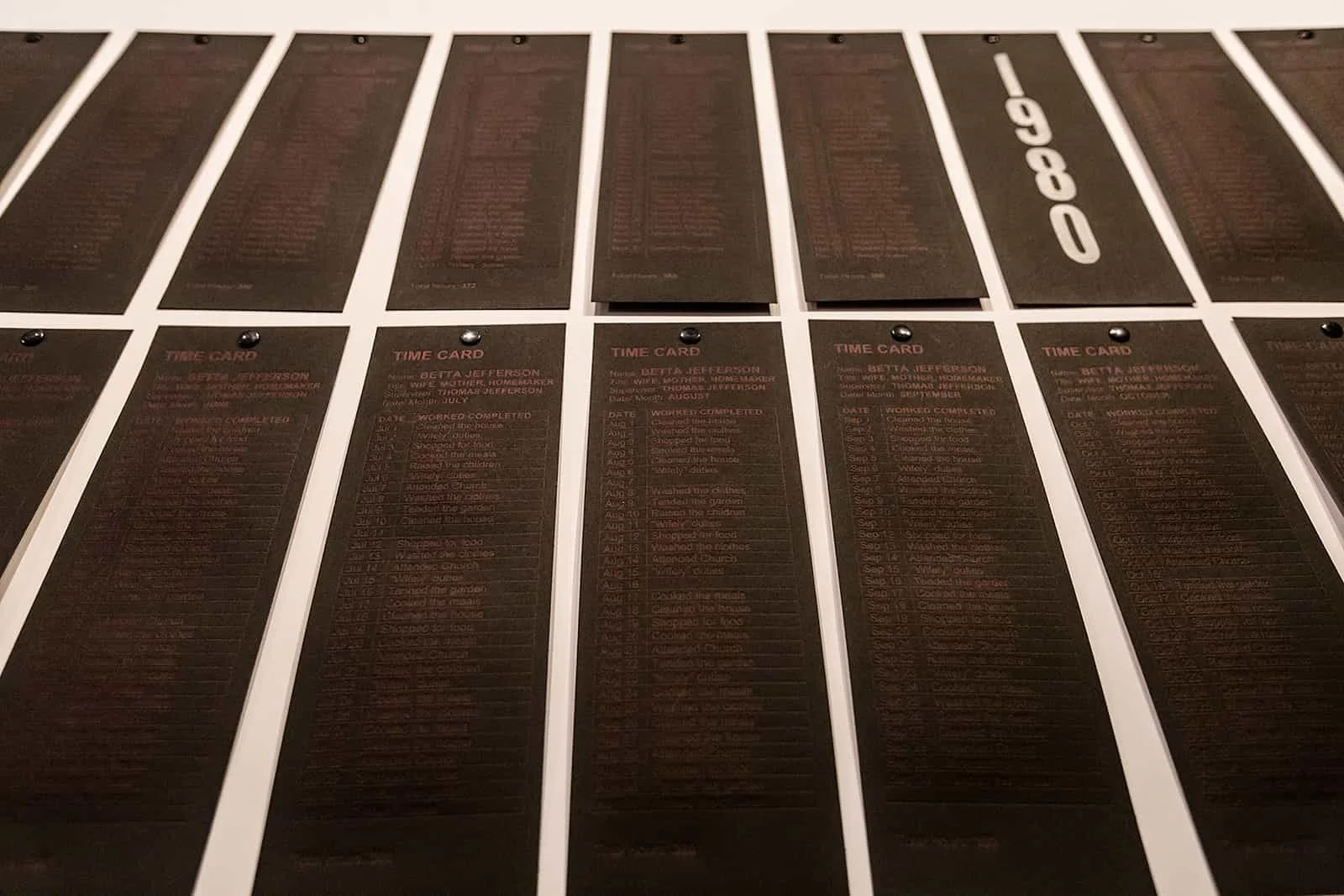 THAT’S POPS’S MONEY, 2018-2019. 813 hand-printed letterpress timecards on black paper, black foil stamping, white foil stamping, blue ink, silver ink. 4 x 11” each timecard, placed in a grid; mounted to 48 x 96 x 3/4" gator board panels (set of 12).