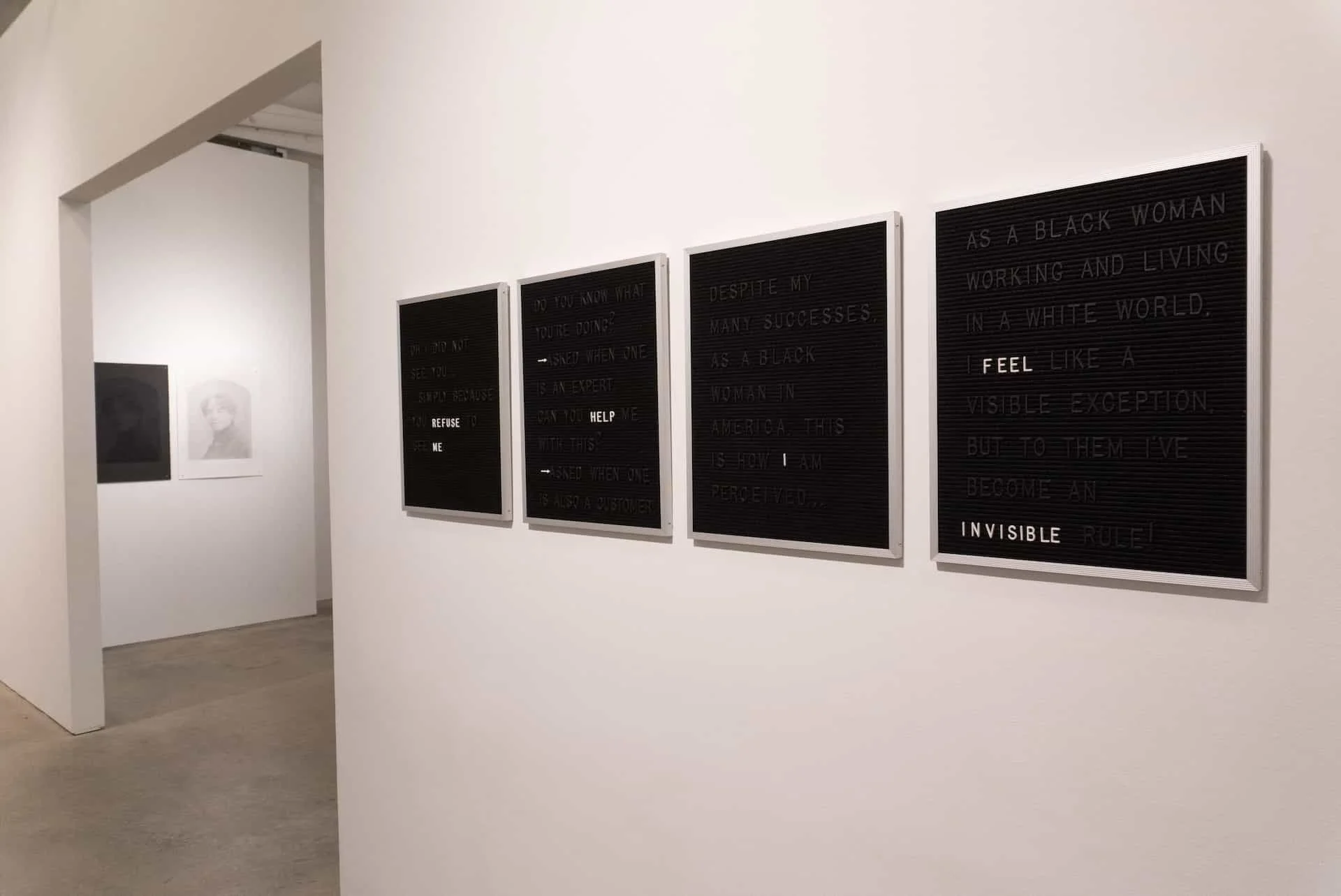 Language of Invisibility on Display, 2017. Four felt-lined bulletin board panels, plastic letters, aluminum frame. 16 x 20” each (set of 4).