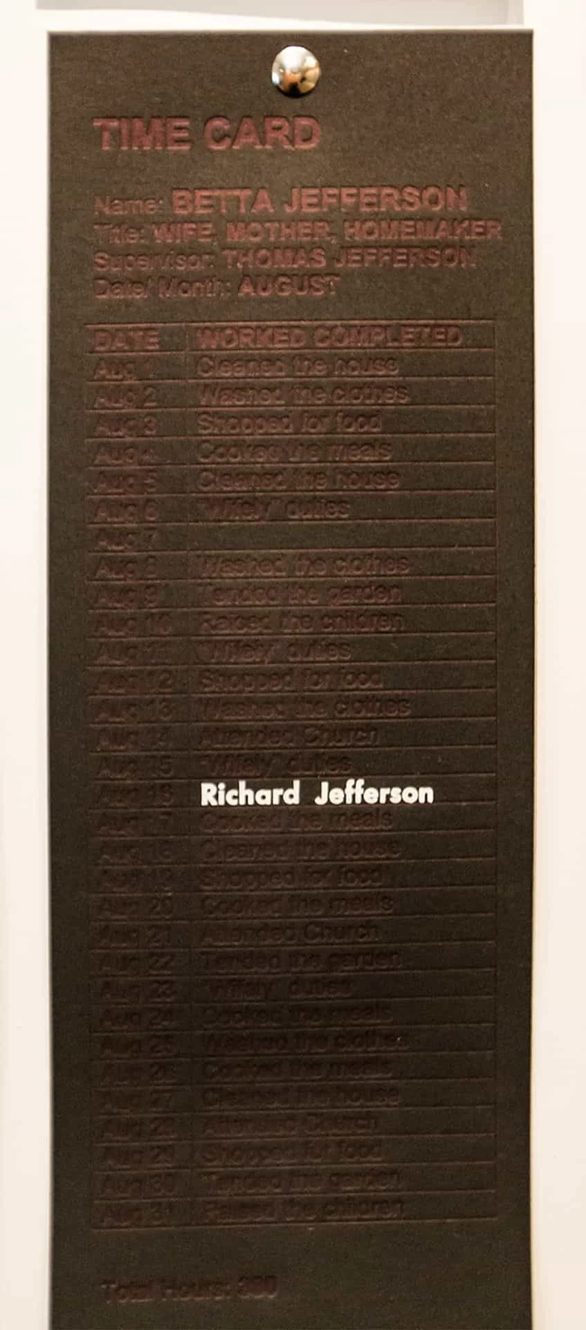 THAT’S POPS’S MONEY, 2018-2019. 813 hand-printed letterpress timecards on black paper, black foil stamping, white foil stamping, blue ink, silver ink. 4 x 11” each timecard, placed in a grid; mounted to 48 x 96 x 3/4" gator board panels (set of 12).