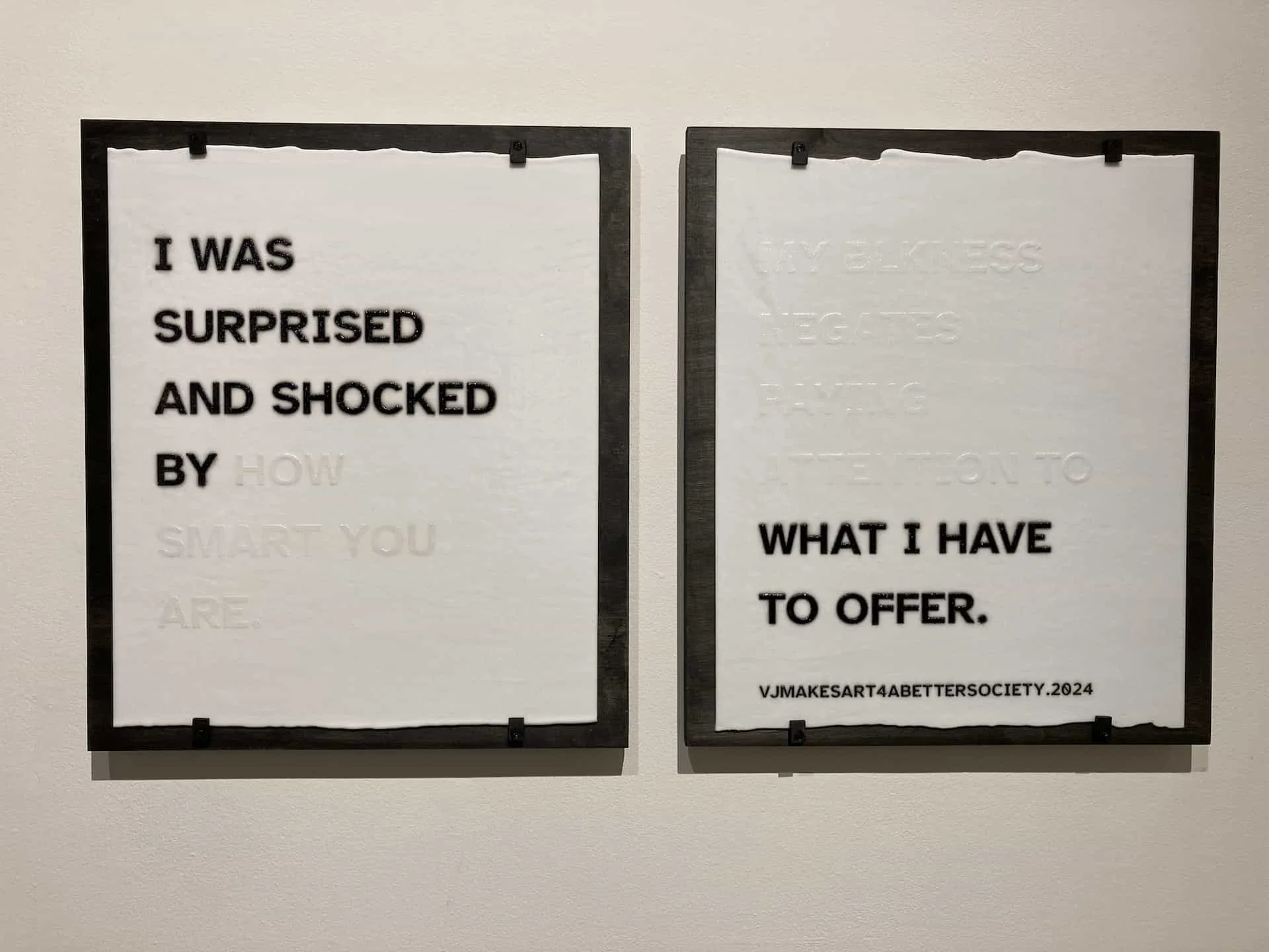 A Constellation of Blackness: Rendering Invisibility, Hypervisibility, Devaluation, and Triumph; (SURPRISED TO OFFER), 2024. Hand-screenprinted broadsides on opaque white opalescent Bullseye glass, dense white frit, black frit, kiln fired. 17x20” eac