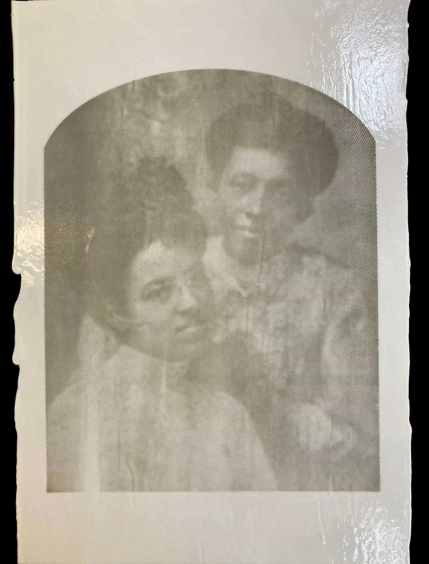 BLACKTIVISTS (Emma Azalia Hackley + Elizabeth Carter Brooks), 2024. Hand-screenprinted portraits on opaque white opalescent Bullseye glass, deep gray frit, kiln fired. 20 x 30”