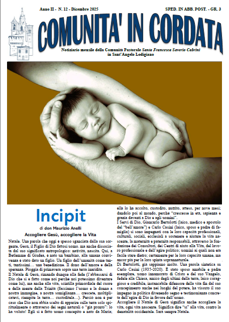 Copertina di una rivista intitolata 'COMUNITA'IN CORDATA' con un'immagine di un neonato avvolto in una mano. Il titolo principale è 'Incipit' e c'è un articolo scritto da Maurizio Anelli.