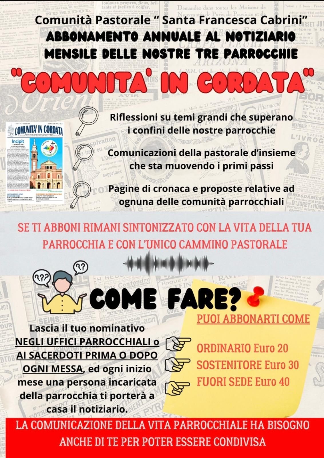 Volantino promozionale della Comunità Pastorale 'Santa Francesca Cabrini', che presenta l'abbonamento annuale al notiziario mensile delle tre parrocchie, con dettagli su come fare l'iscrizione e le modalità di pagamento.