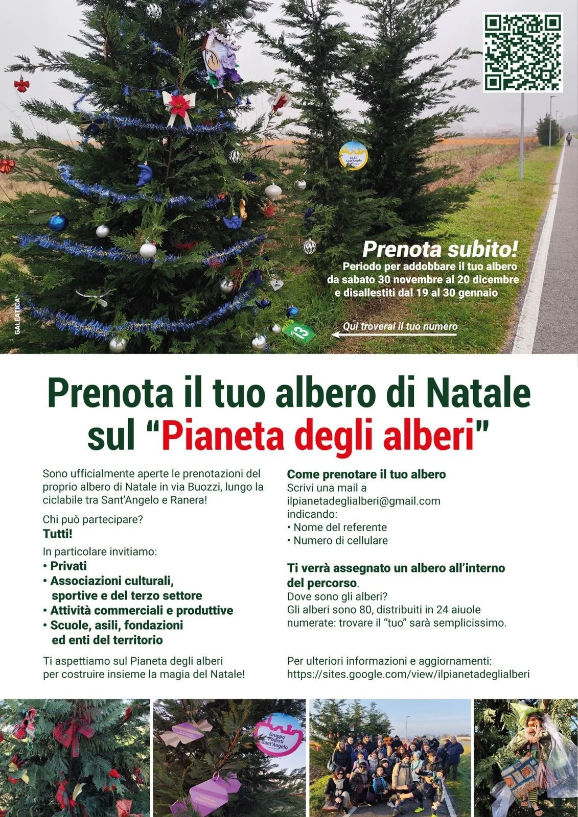 Locandina promozionale per prenotare un albero di Natale nel "Pianeta degli alberi" con dettagli sulla prenotazione, partecipanti e riferimenti di contatto, accompagnata da immagini di alberi decorati e un gruppo di persone.