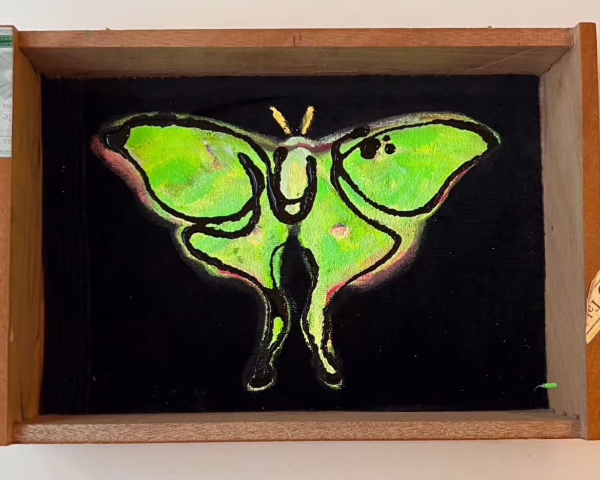 Luna Moth 2026, Oil and acrylic on velvet on cigar box