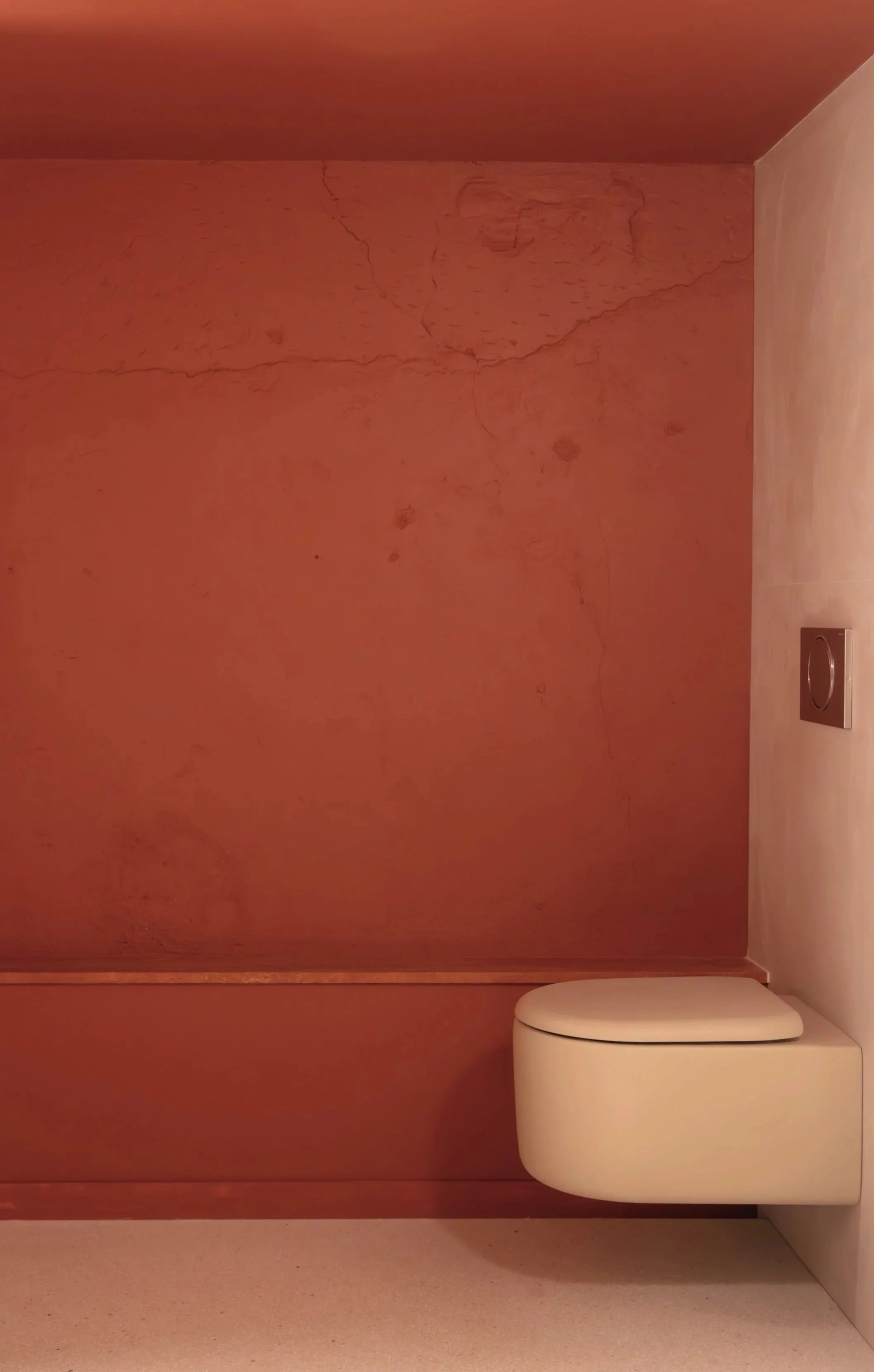 Un mur en pierre de couleur rouge avec une toilette moderne suspendue lino de chez cielo et un bouton de chasse inox placé au mur.