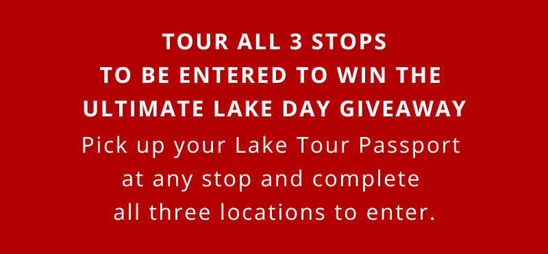 Red background with white text advertising a lake tour giveaway, instructing participants to visit three stops and collect a Lake Tour Passport to enter.