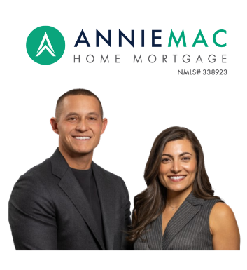 Logo for Annie Mac Home Mortgage with two smiling professionals, a man and a woman, standing side by side.