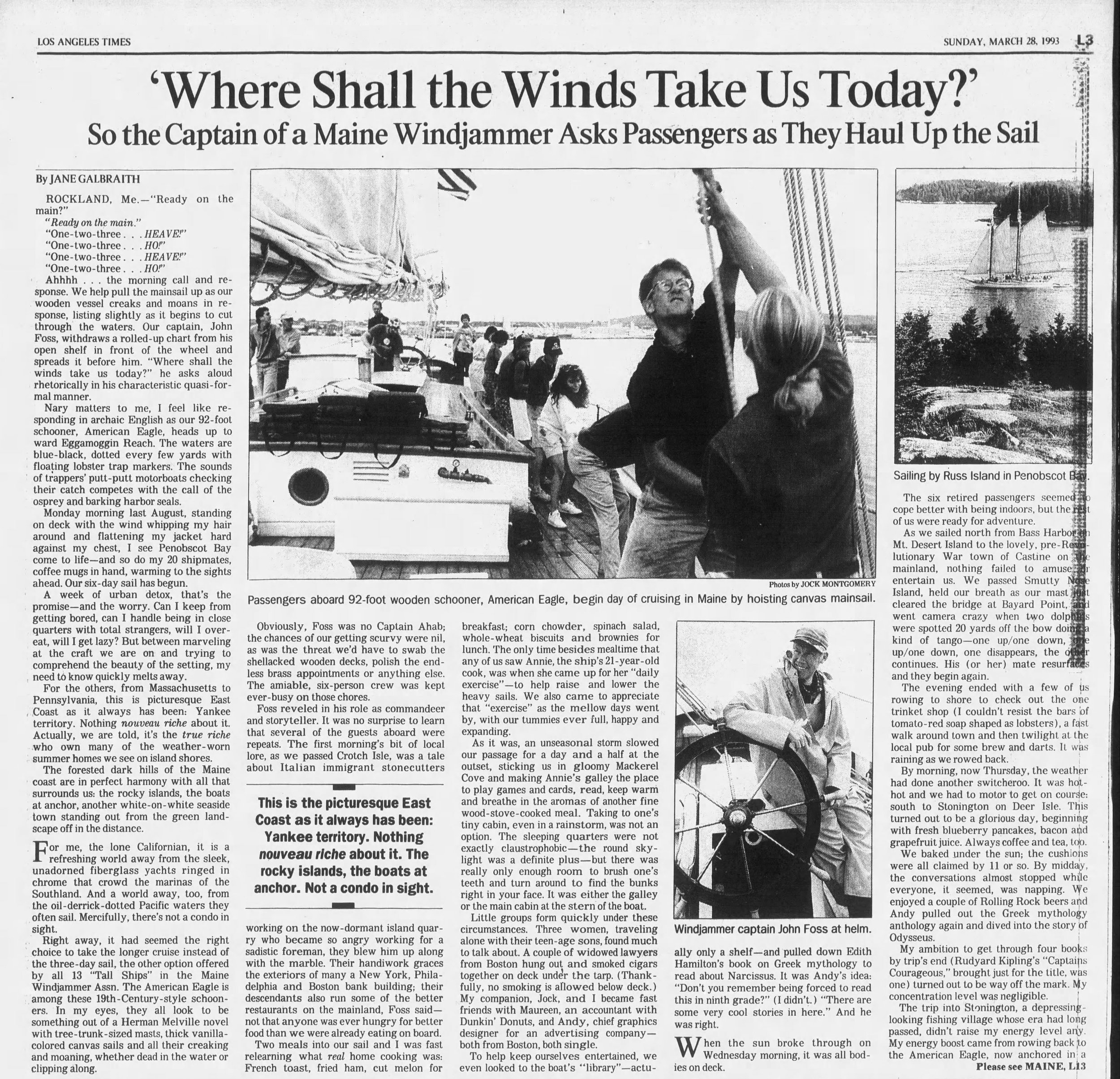 Newspaper article titled 'Where Shall the Winds Take Us Today?' featuring a photo of passengers on the schooner American Eagle raising a sail. Includes images of the schooner and the Captain John Foss. The article is about sailing experiences in Main