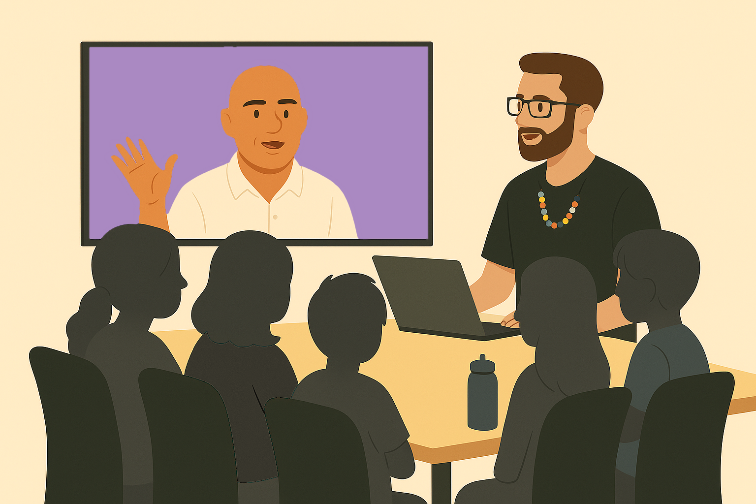 Children preparing and serving food at a table with bowls of strawberries, grapes, and other ingredients, in a classroom or activity center.