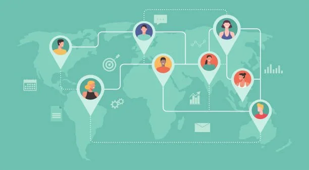 World map with connected icons of diverse people representing global communication and networking.