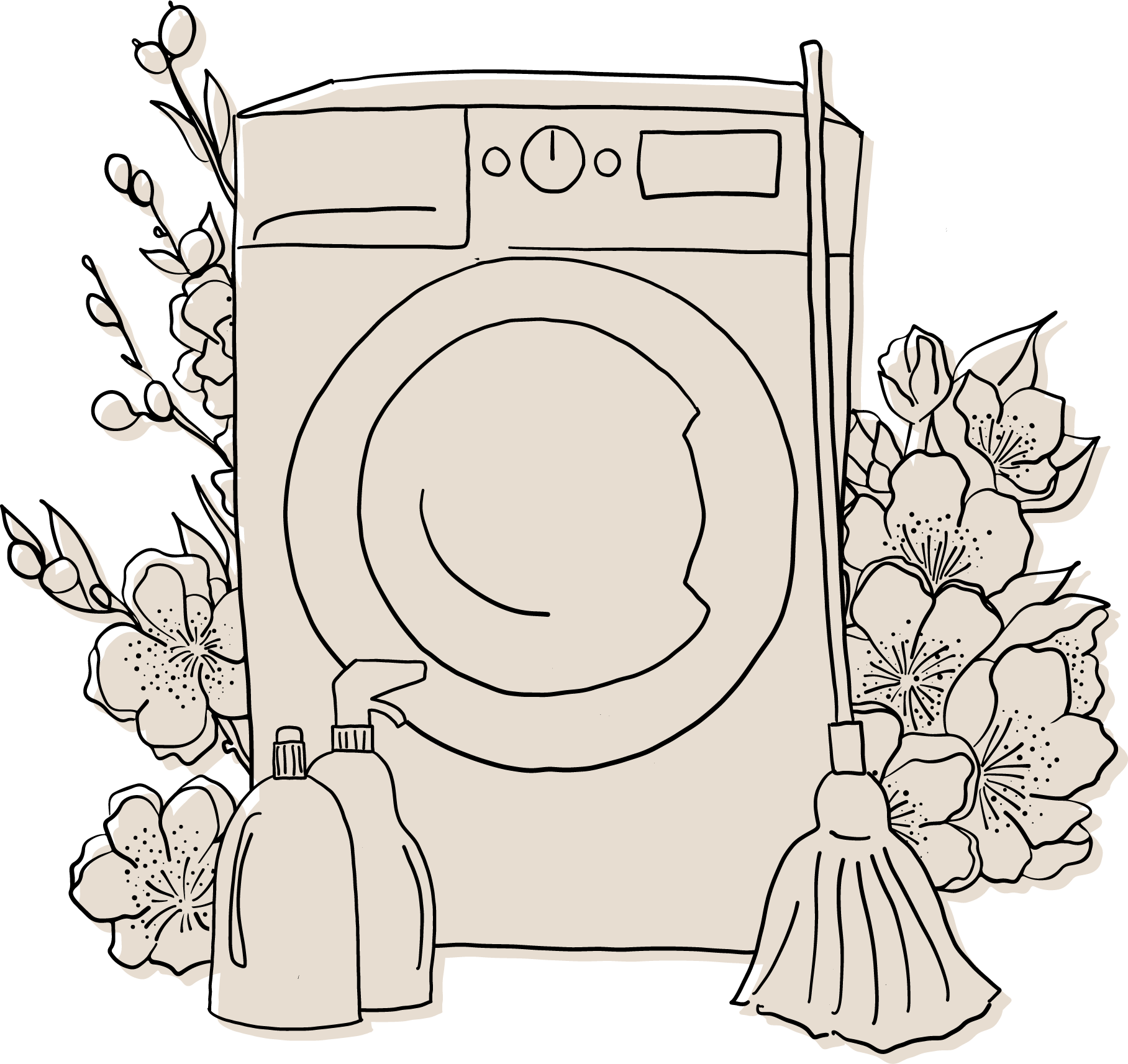 Illustration d'une machine à laver entourée de fleurs, avec deux bouteilles de produit nettoyant et un balai à côté.