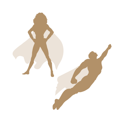 Silhouettes de deux super-héros avec des capes. L'un est en position debout avec les mains sur les hanches, l'autre est en vol, le bras tendu vers l'avant.