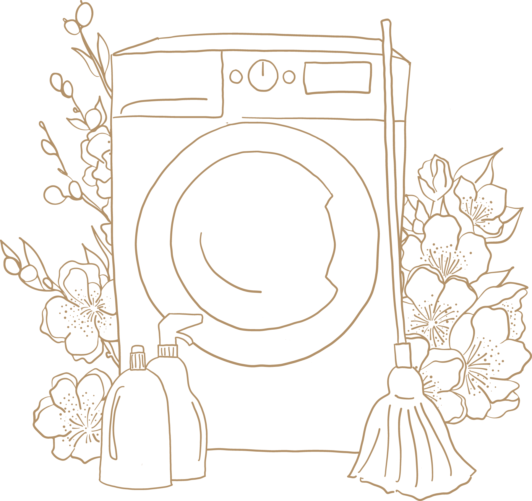 Illustration de machine à laver avec fleurs, produits détergents et balai.