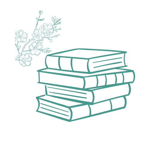 Une illustration de livres empilés avec une branche florale à côté.