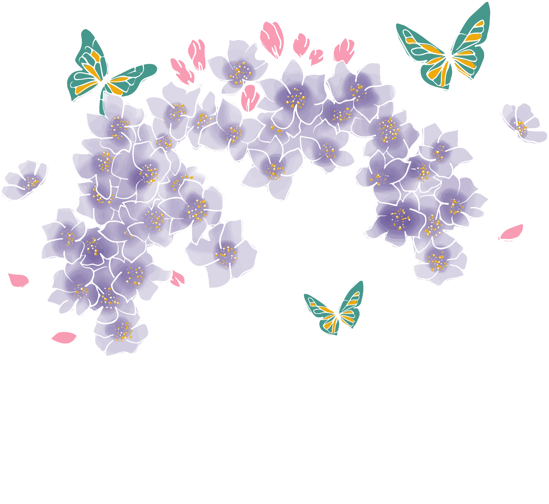 Une illustration stylisée d'un arbre en fleurs violettes avec des papillons jaunes et verts autour.