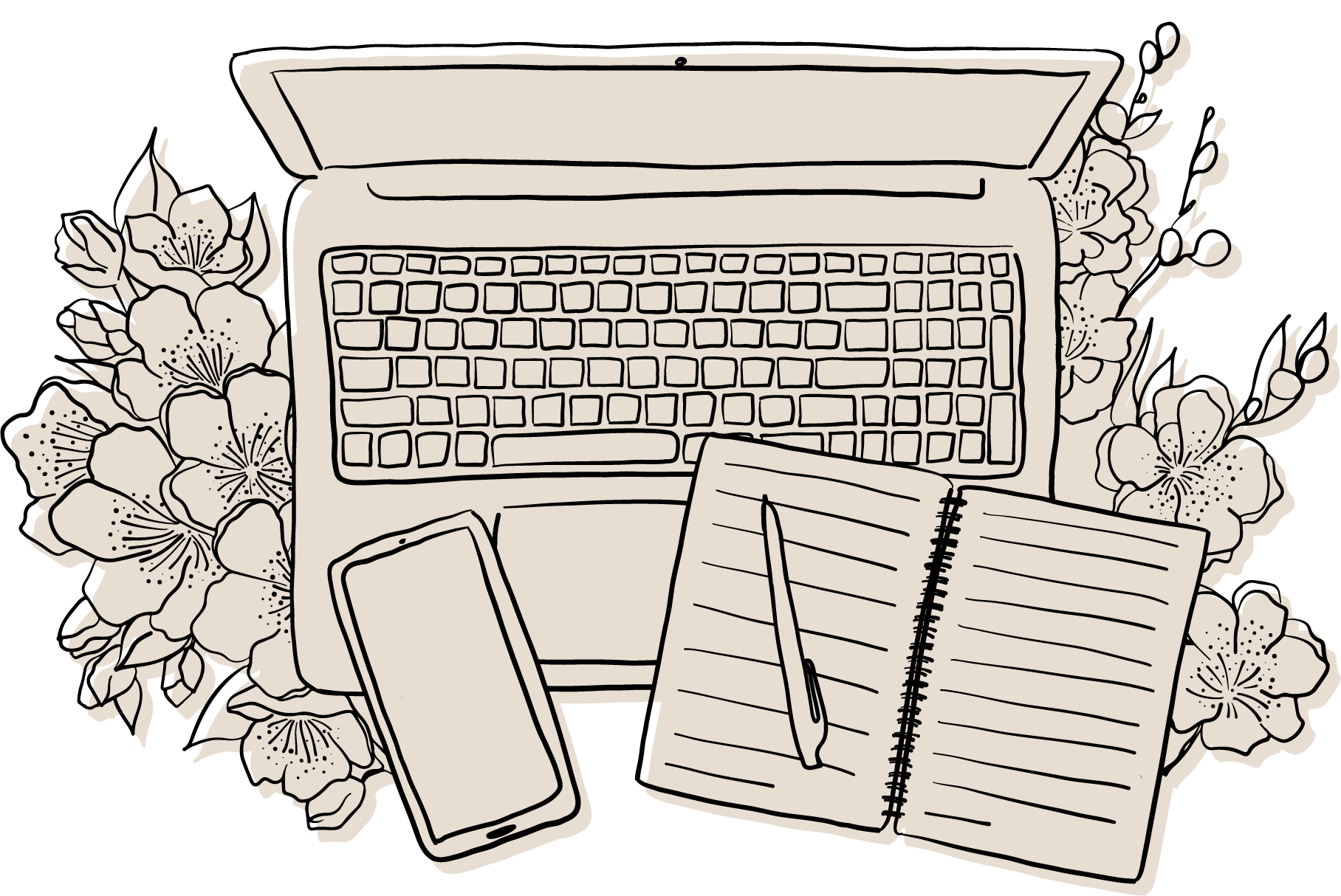 Illustration d'un ordinateur portable, d'un téléphone portable, d'un carnet de notes avec une plume, entourés de fleurs.