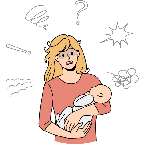 Une femme tient un bébé dans ses bras et a une expression de surprise ou d'inquiétude, entourée de lignes et symboles évoquant des expressions de confusion ou de chaos.