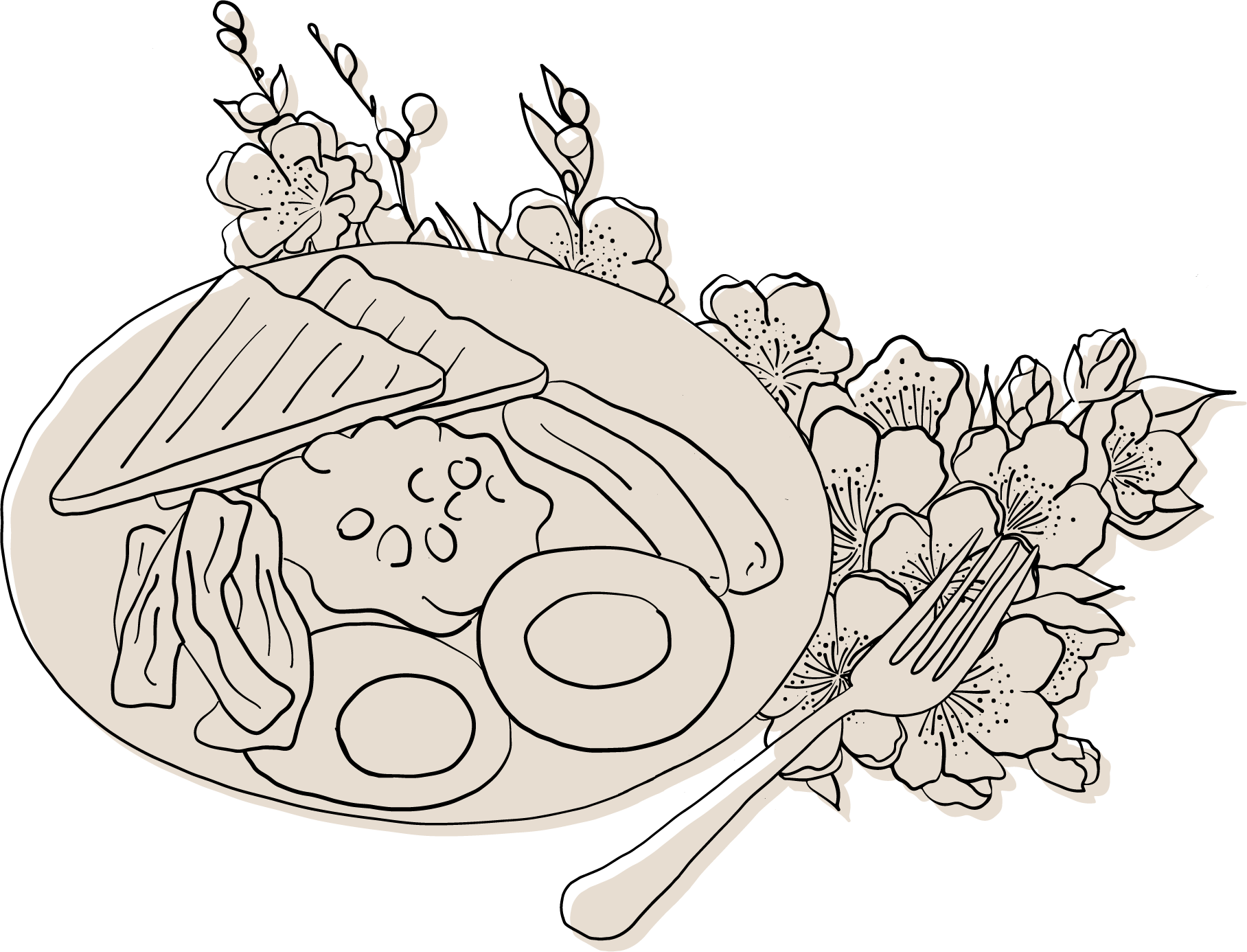 Illustration d'un petit-déjeuner anglais avec des toasts, des œufs, des haricots et une saucisse, accompagnée de fleurs décoratives.