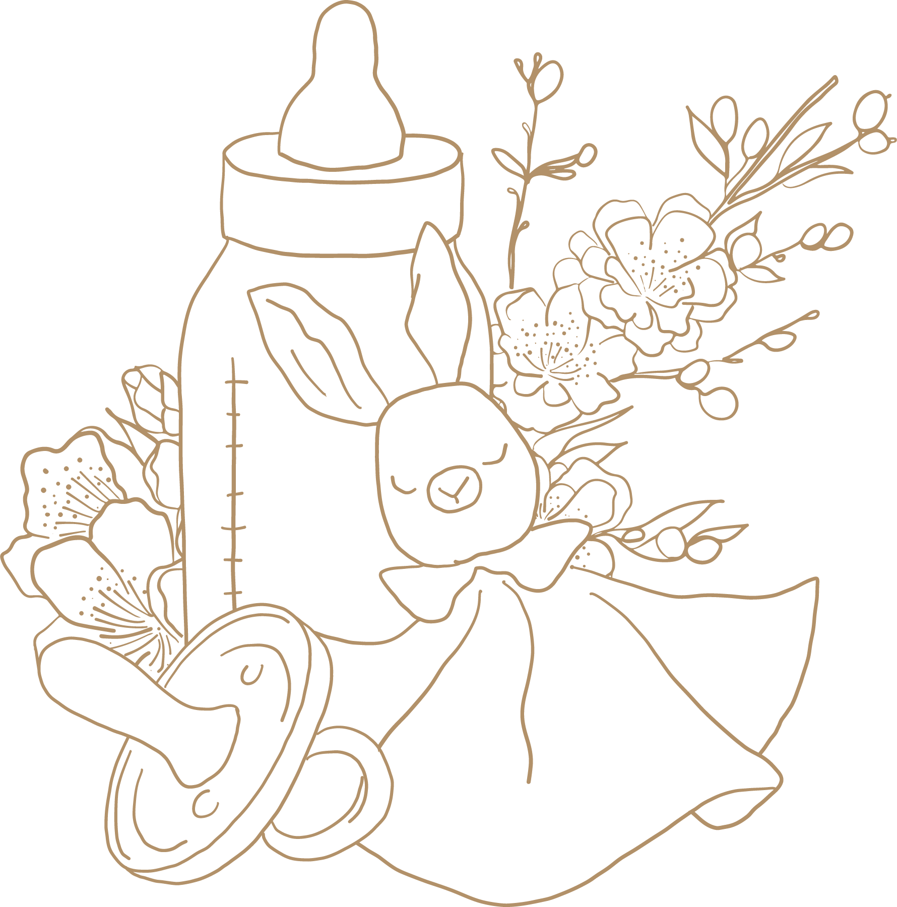 Illustration d'un biberon avec une tétine, un doudou lapin et des fleurs.