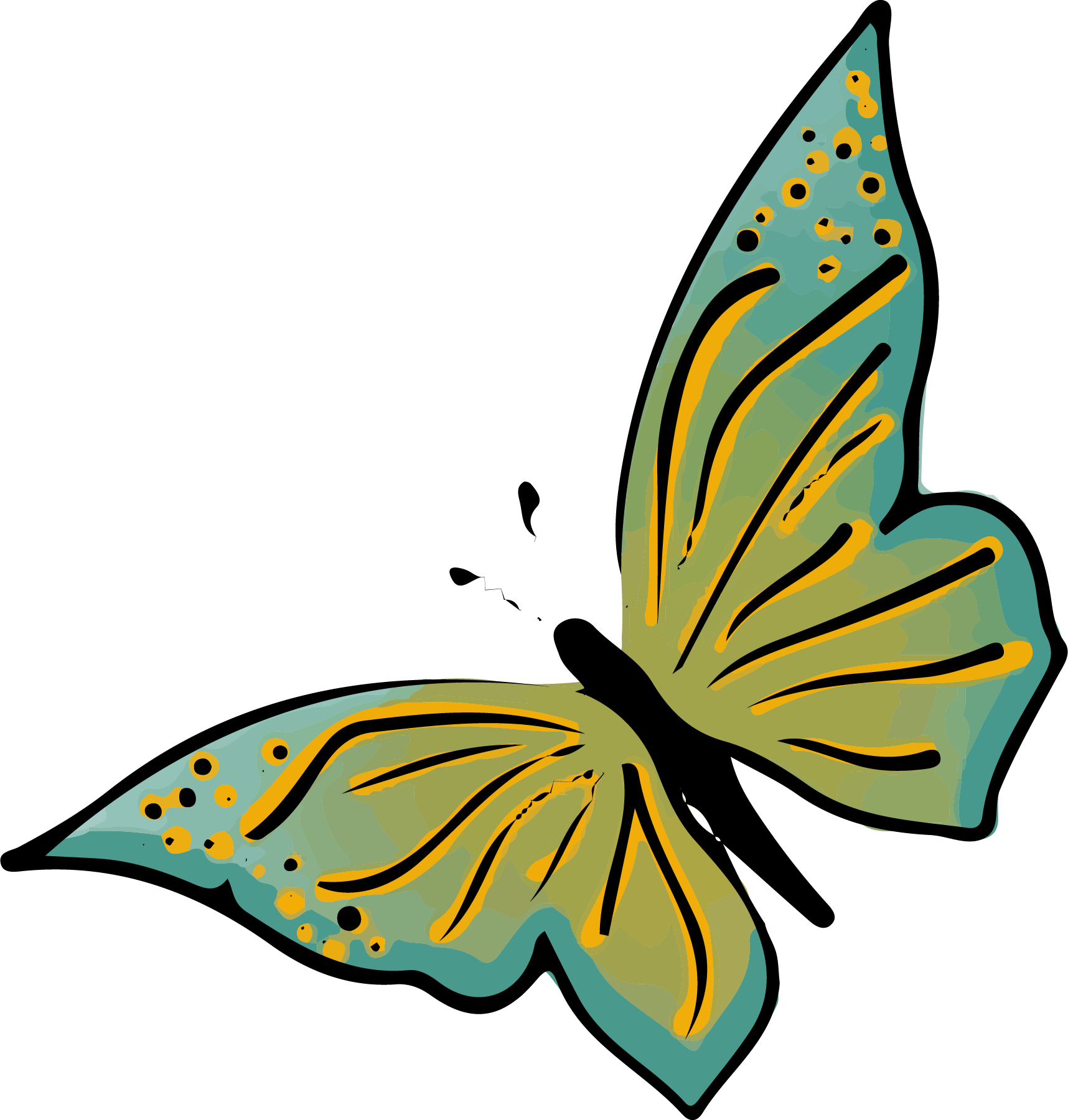 Illustration d'un papillon aux ailes vertes et jaunes avec des motifs noirs et orange sur un fond blanc.