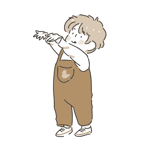 Dessin d'un enfant portant une salopette marron et un t-shirt blanc, tenant un objet indéterminé.