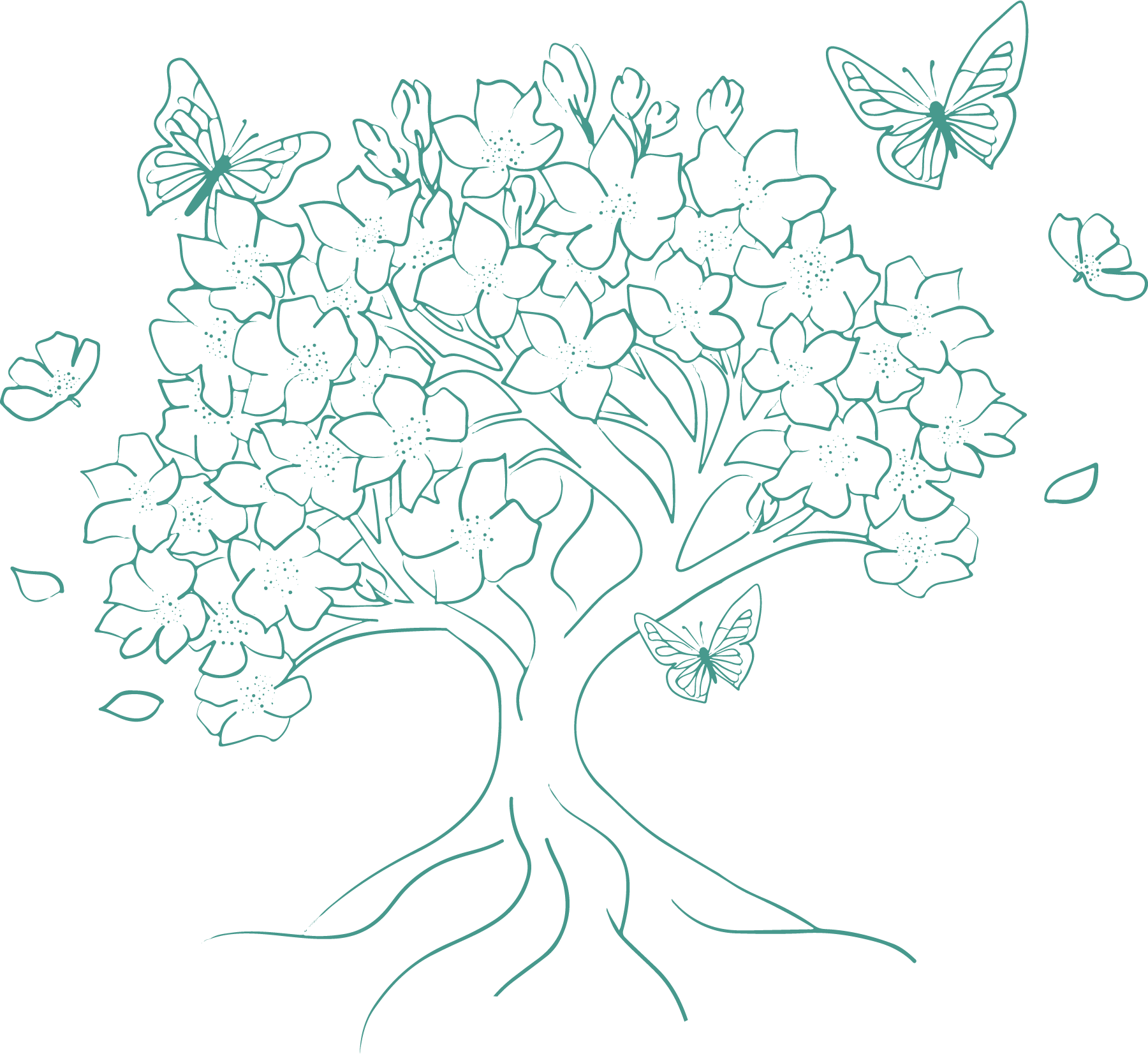 Illustration d'un arbre fleuri avec des papillons autour.