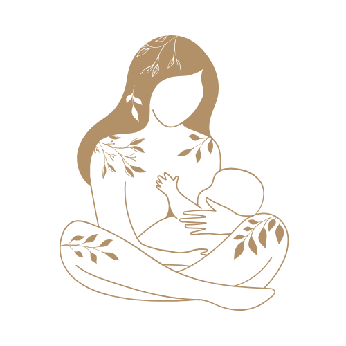 Illustration d'une mère allaitant un bébé avec des motifs de feuilles sur la peau, style minimaliste, couleur beige et noir.