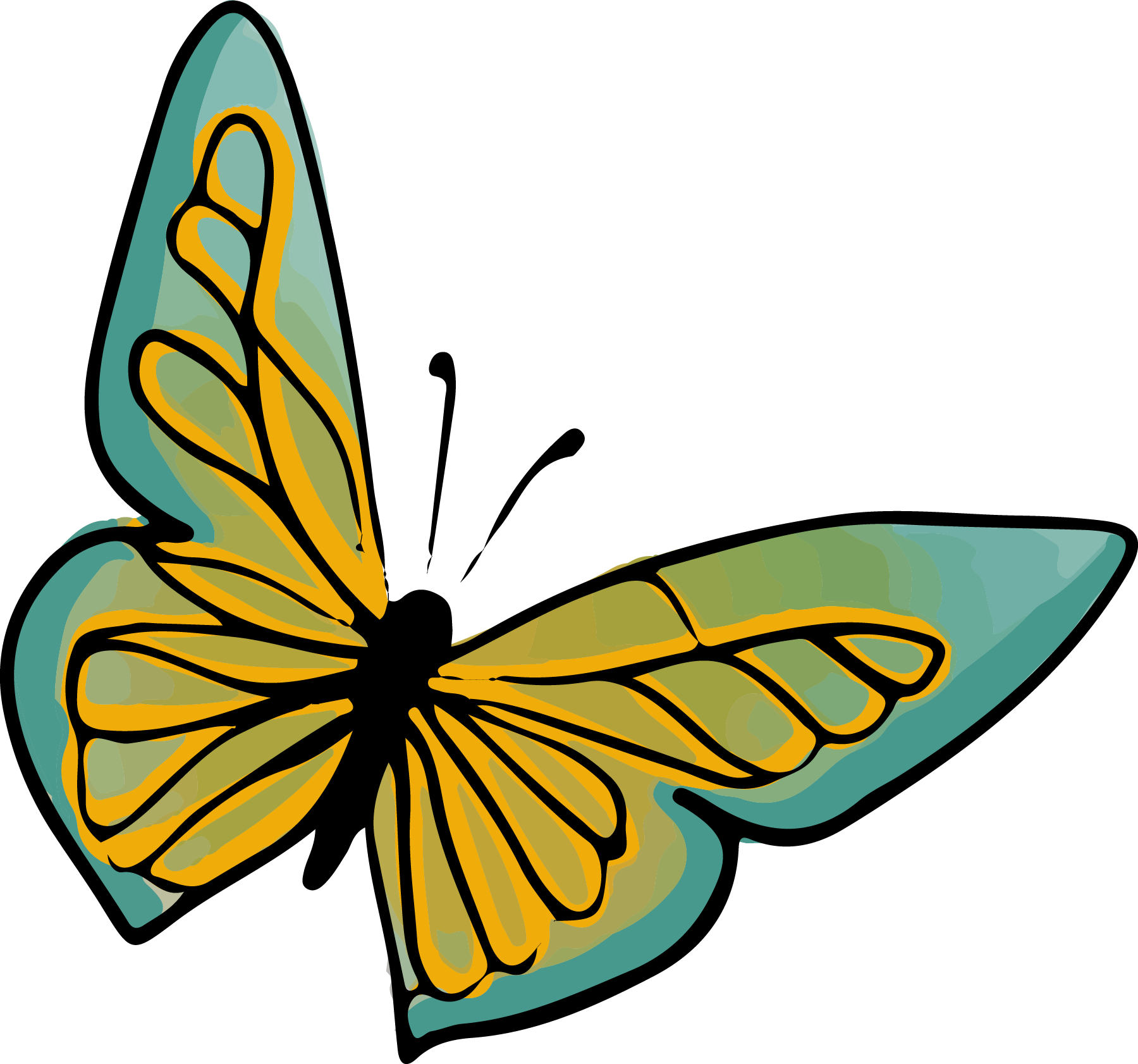 Une illustration d'un papillon avec des ailes jaunes ornées de traits noirs et de teintes vertes et bleues.