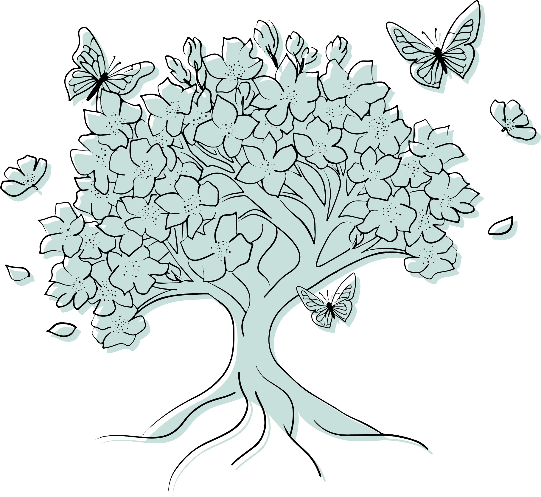 Illustration d'un arbre avec des fleurs et des papillons