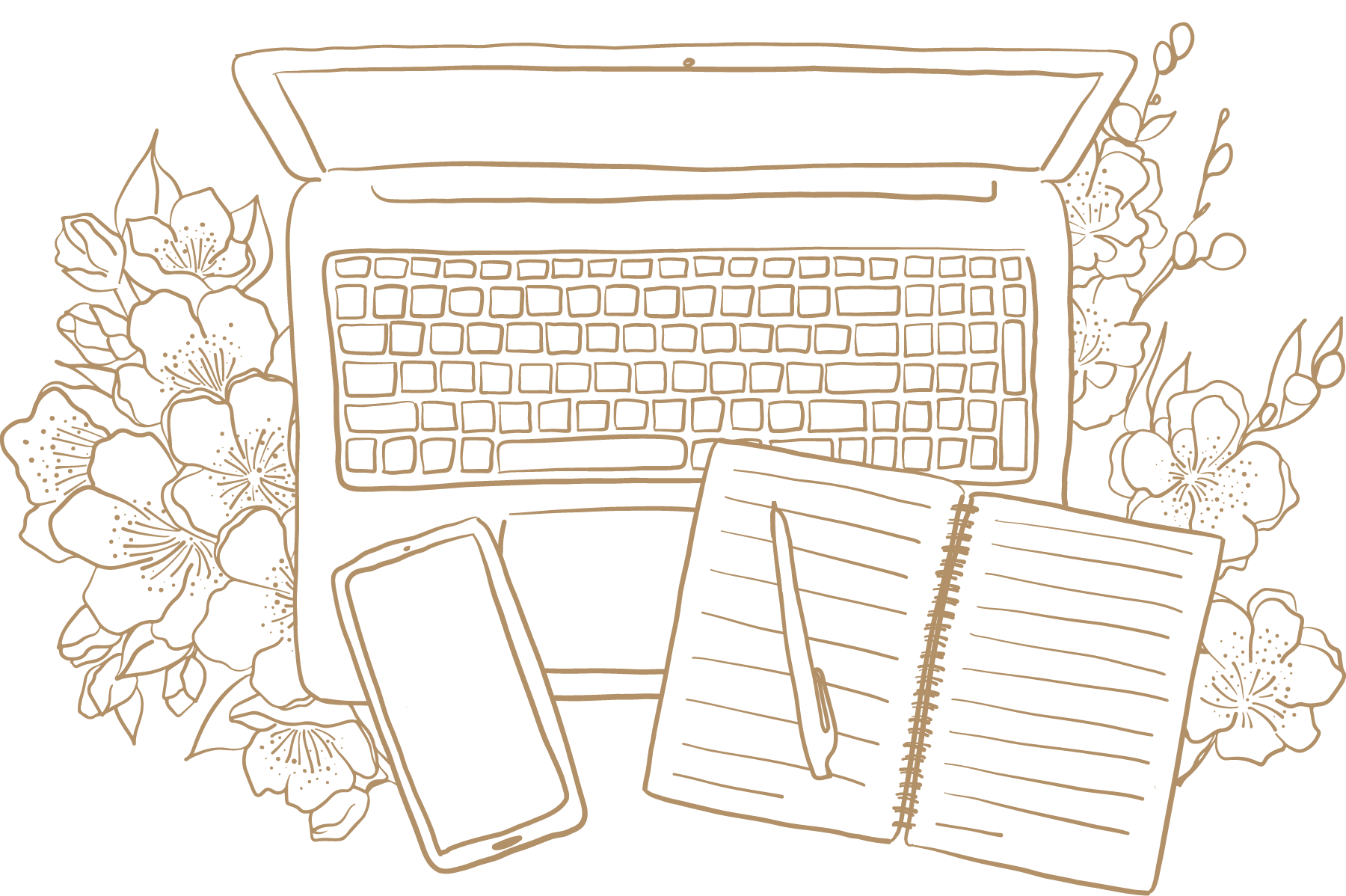 Illustration en lignes d'un ordinateur portable, un téléphone, un carnet et un stylo, avec des fleurs en arrière-plan.