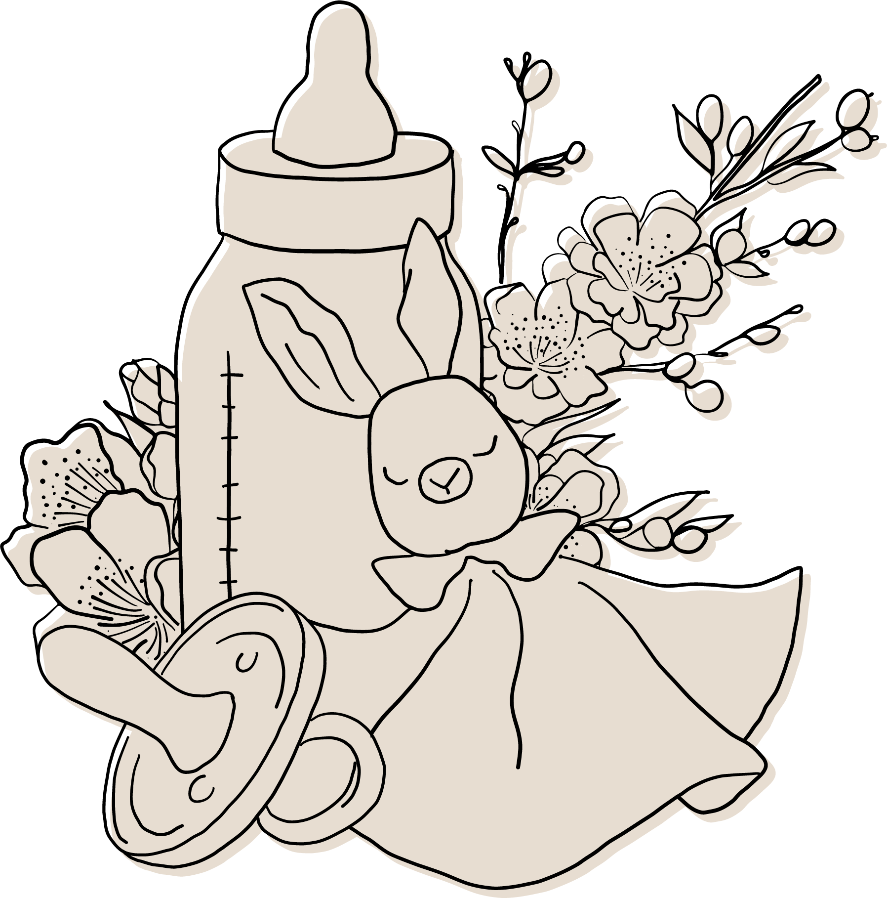 Illustration d'un biberon, une sucette, un doudou en forme de lapin et des fleurs décoratives.