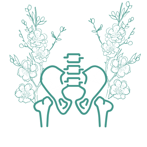 Diagramme stylisé de l'os pelvien avec des fleurs en arrière-plan.