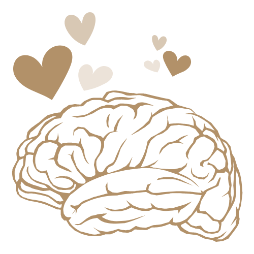 Illustration d'un cerveau entouré de cœurs de différentes tailles, sur fond blanc.