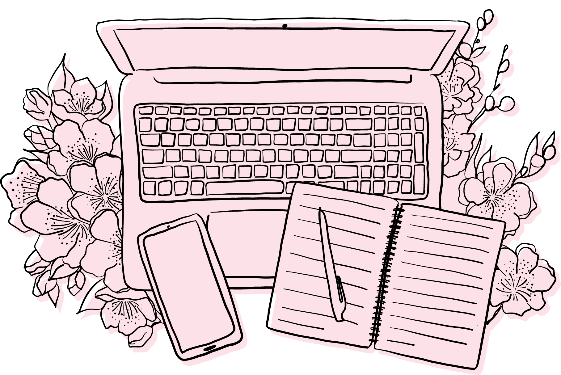 Illustration d'un ordinateur portable ouvert avec des fleurs autour, un smartphone et un carnet avec un stylo.