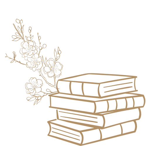 Une illustration de livres empilés avec des fleurs décoratives à l'arrière-plan.