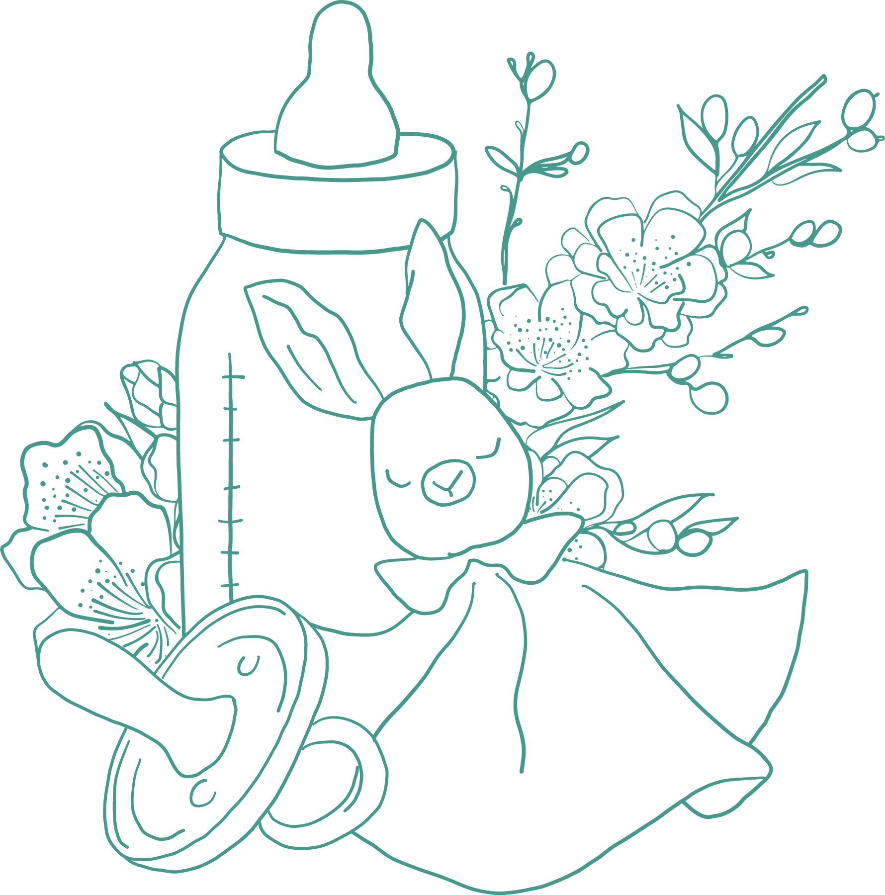 Illustration de bébé bambi avec un biberon, entouré de fleurs et d'une sucette, sur fond noir.