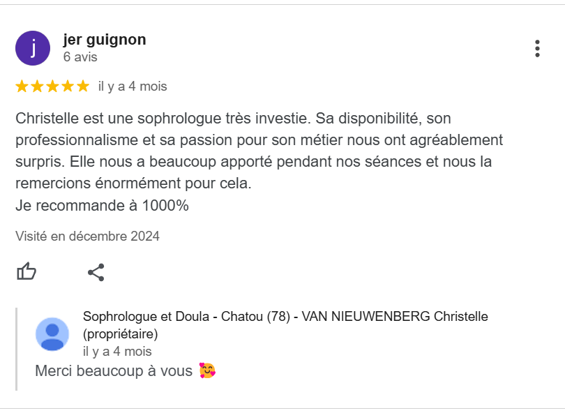 Un capture d'écran # 2 d'un avis google sur Christelle Van Nieuwenberg